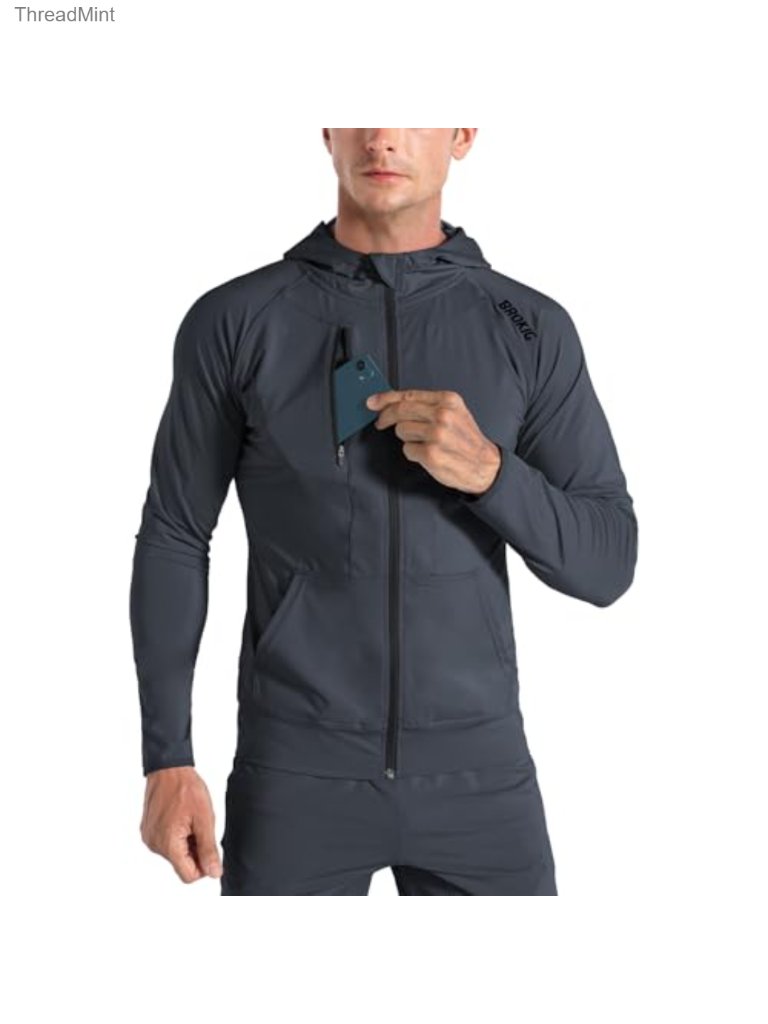 Lightweight Windbreak Running Jacket Hoodie With Zip Pocket Athletic Workout Men